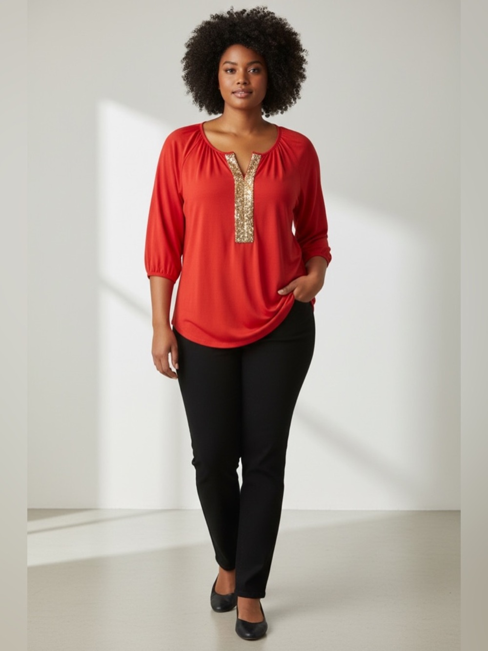 Belldini Tunic Top Womens XL Red Rhinestone Scoop Neck 3/4 Sleeve Stretch